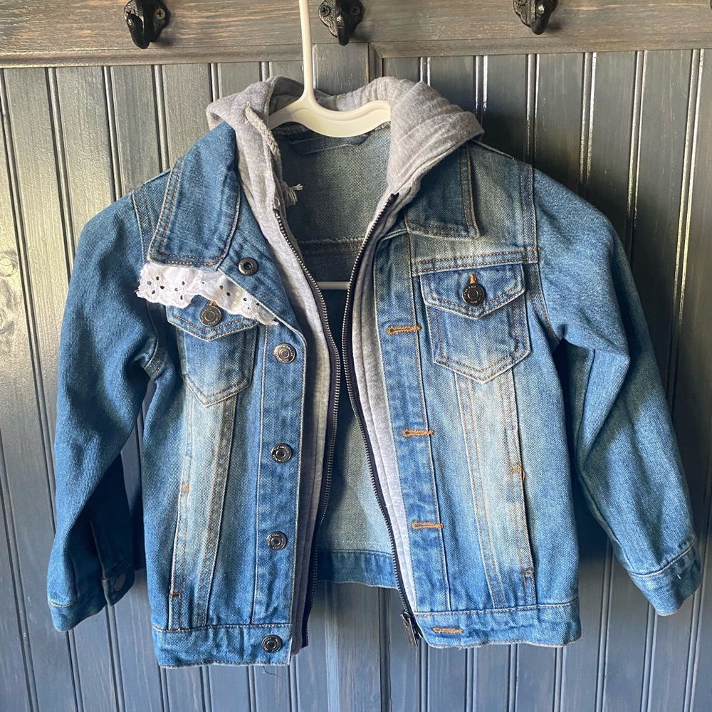 Kids Blue Denim Jacket with Gray Hood